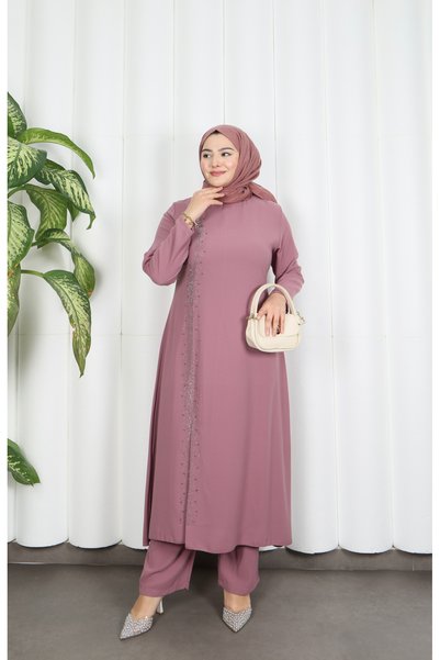 HNT Hayrunnisa Tesettür Stone Embellished Large Size Hijab Suit Powder Hnt7537