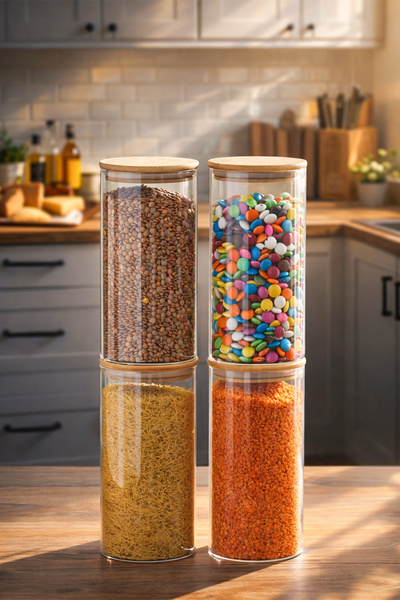 Porsima 417 4-Piece 1300 ml Bamboo Vacuum Lid Glass Jar Set Storage Container...