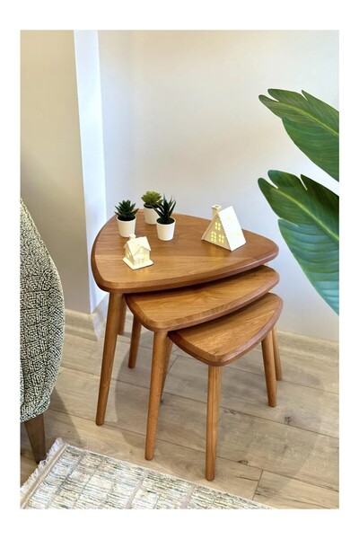 BAUPOR Modern El Yapımı Masif Ahşap Üçgen 3'lü Zigon / Yan Sehpa Seti