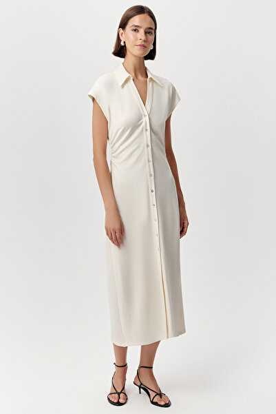 Exquise Gömlek Yaka Beli Büzgülü Düğmeli Midi Slim Fit Örme Elbise