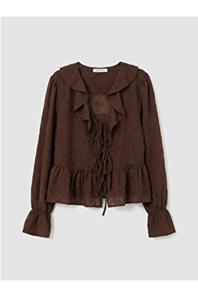 LC Waikiki Brown V-Neck Patterned Ruffled Blouse