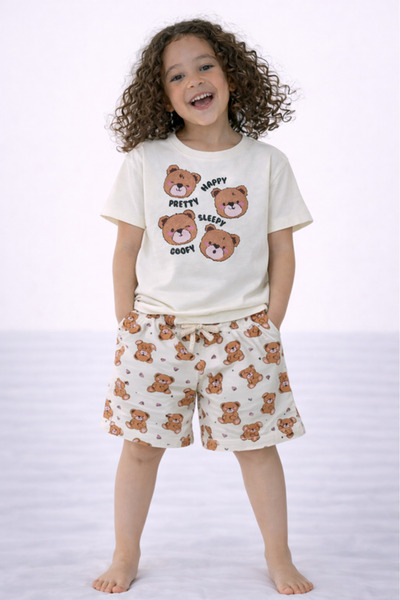 Victor and Jane Girls’ Pajama Set – Teddy Faces Graphic T-Shirt & All-Over Pr...