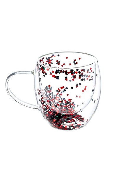 Ginza Mug with confetti insert, red and gray hearts, borosilicate glass, 250 ...