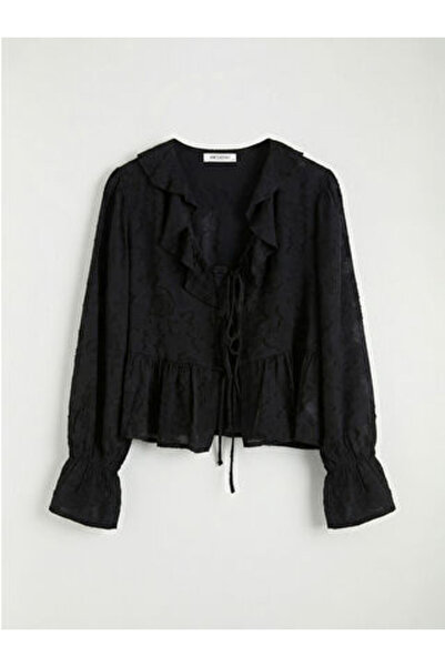 LC Waikiki Black V-Neck Patterned Ruffle Blouse