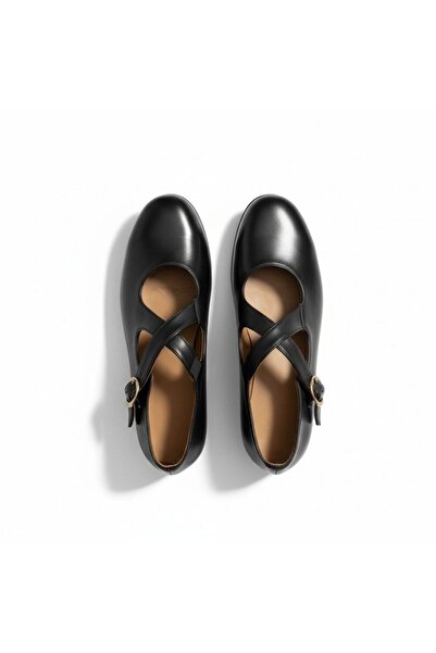 NE&VE SHOES حذاء باليه نسائي يومي من الجلد الطبيعي باللون الأسود مع حزام متقاطع