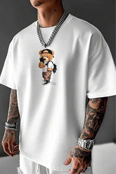 CAST COLLECTİON Tricou oversize alb cu imprimeu Selfie Bear pentru bărbați