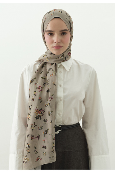 Fresh Tiny Blooms Patterned Cotton Viscose Shawl Mink