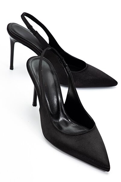 BY BERLE SHOES Women's Black Satin Open-Back Classic Heeled Shoes with Elasti...