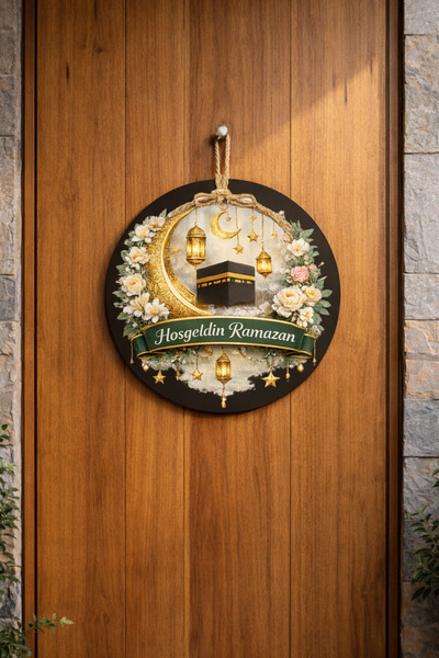 zubi Modern Hoşgeldin Ramazan 28x28 cm Ahşap Baskılı Kapı Süsü