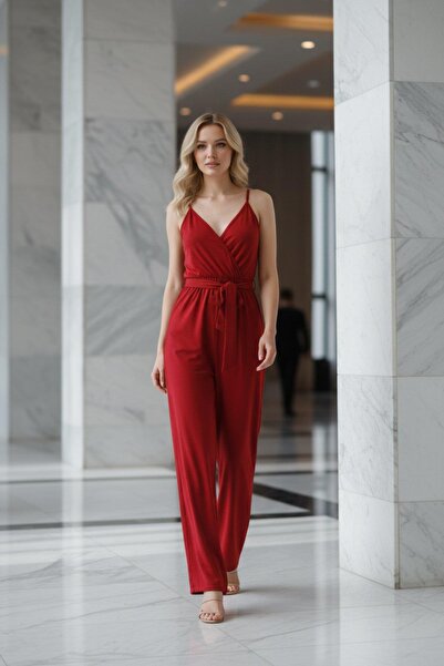 Mossta Thin Straps and Belted Waist Sandy Jumpsuit - Red