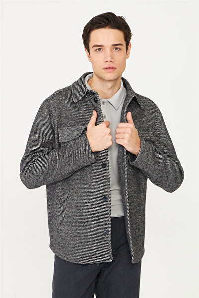 White Stone Black Wool Look Herringbone Shirt Jacket