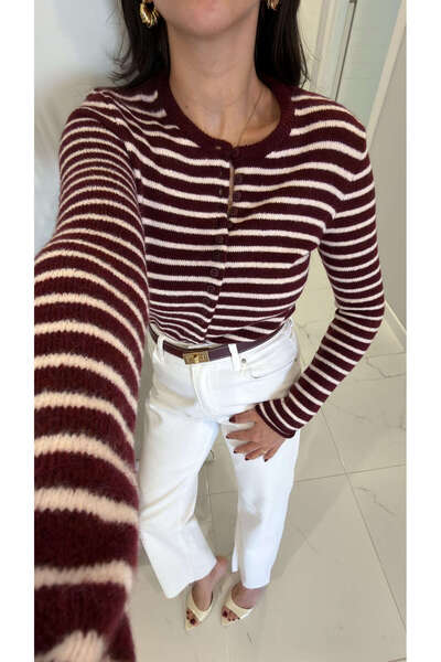 BİRCANÇİL Cardigan Kennad Burgundy Crem cu dungi subțiri