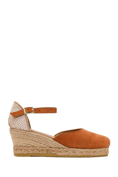 Derimod Women's Orange Ankle Strap Wedge Heeled Suede Leather Espadrille Sand...