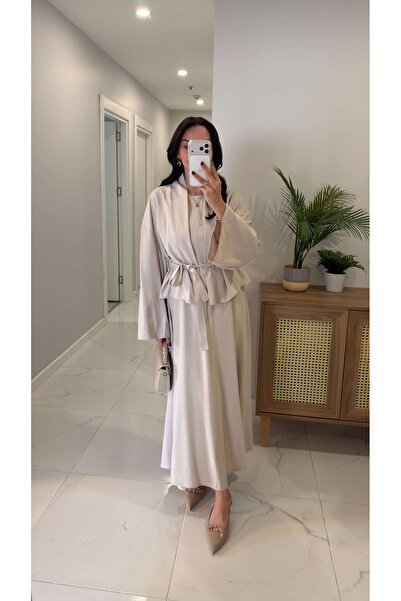 BİRCANÇİL Vendra Ecru Belted Jacket Dress Set