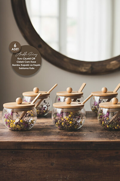 Anadolu Saray 6 قطع من وعاء زجاجي مزدوج الجدار مزين بالزهور الجافة مع غطاء من...