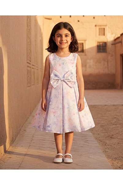 REDTAG فستان بناتي أزرق مطبوع زهور من الساتان غير اللامع