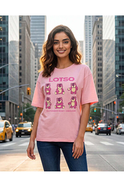 REDTAG تيشيرت نسائي وردي مطبوع عليه رسومات لوتسو، مقاس كبير