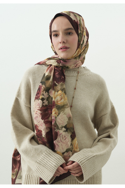 Fresh Rose Breeze Patterned Cotton Viscose Shawl Burgundy