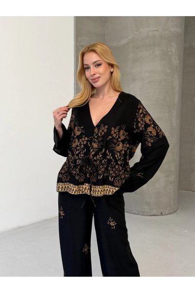 Cool & Sexy Women's Viscose Fabric Patterned V-Neck Belted Top and Bottom Set Black
