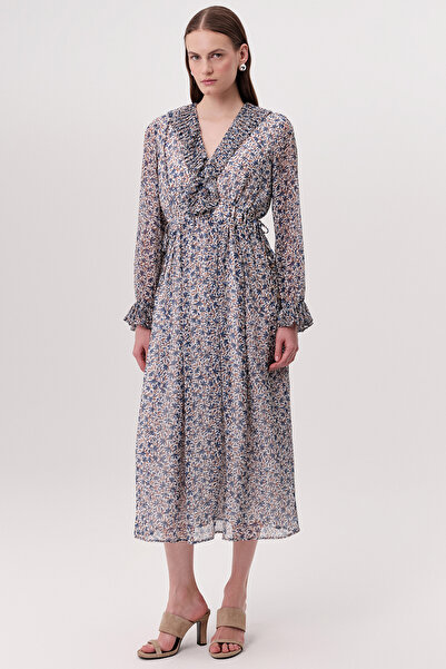 Exquise Pleated Waist Tie Lace-Up V-Neck Lined Regular Midi Dress