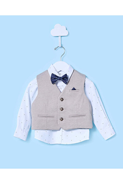 REDTAG Infant Boys Beige And White Vest Coat and Tie (3 Piece)