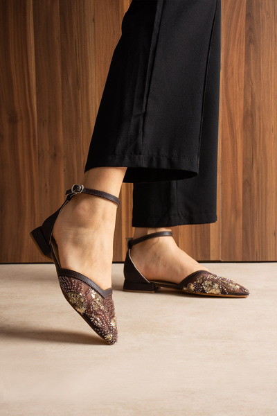 Tibu Ayakkabı Norella Mesh Sequined Ankle Strap Open-Sided Evening Dress Shoes