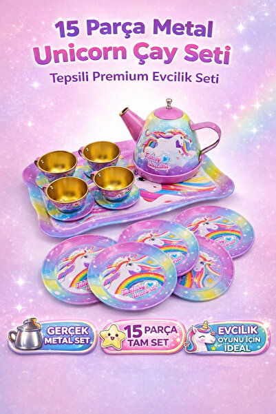 TRENDZONE 15 Parça Metal Çay Seti Unicorn | Tepsili Evcilik Oyuncak Kız Çocuk...