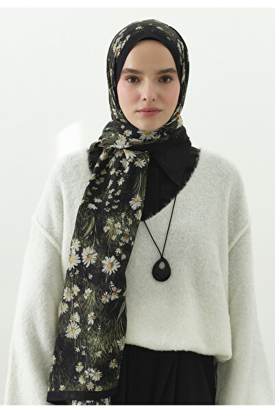 Fresh Tiny Daisy Patterned Cotton Viscose Shawl Black