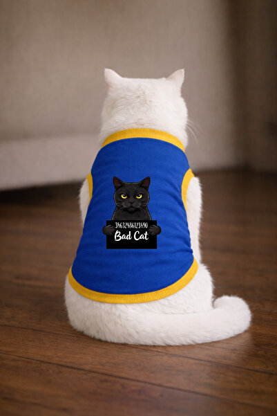 petite pati تيشيرت بلو وانتد بلاك مطبوع عليه قطة، مقاس S، ملابس للقطط (100% ق...