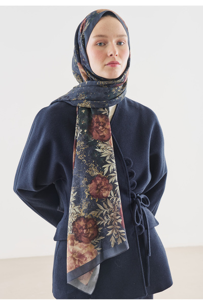 Fresh Soft Hibiscus Patterned Cotton Viscose Shawl Indigo