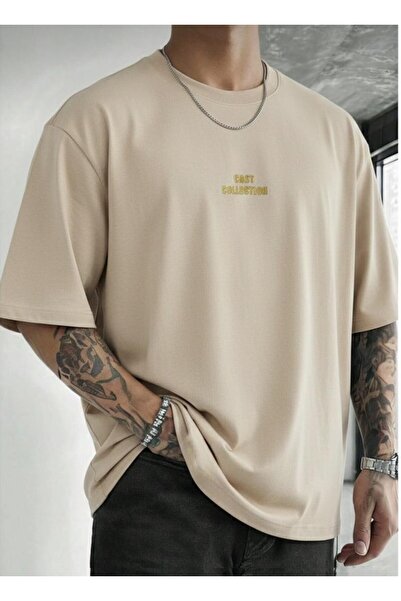 CAST COLLECTİON Erkek Bej Cast Colllectıon Gold Baskılı Oversize T-Shırt