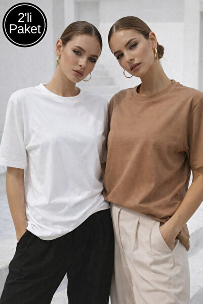 Rich Tricou supradimensionat din țesătură modal premium, maro deschis-alb, pa...