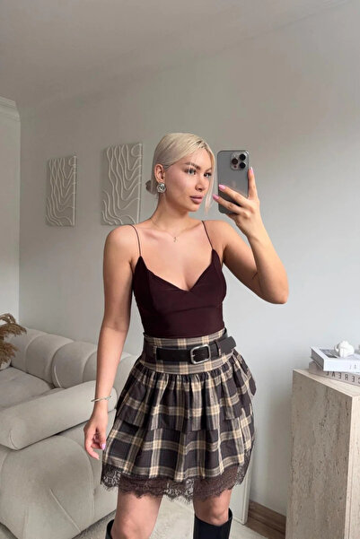 MOZENA Plaid Lace Detail Mini Skirt