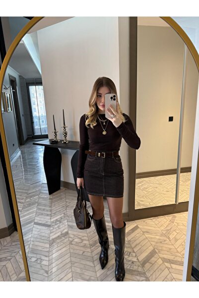 CKBUTİK Kahverengi Kemerli Denim Etek-1131