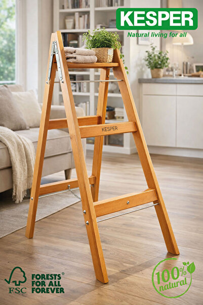 Kesper Kayın Ağacı 3 Basamaklı Ahşap Merdiven – Dayanıklı, Katlanabilir Ev Me...