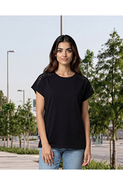 REDTAG Women Black Lace Jersey Top