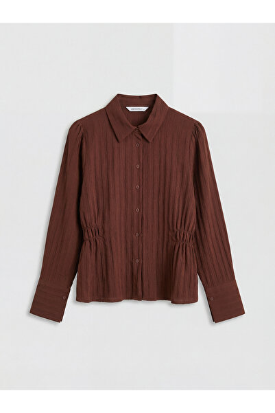 LC Waikiki Καφέ Ριγέ Με σούρες Γυναικείο πουκάμισο