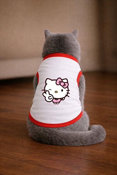 petite pati قميص أبيض مطبوع عليه Hello K3 للقطط مقاس S (100% قطن ممشط)