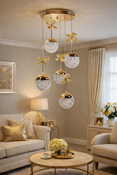 TREND KAFKAS 5 Lİ KRİSTAL KELEBEKLİ ŞEKER TOPLU GOLD SARKIT LED AVİZE