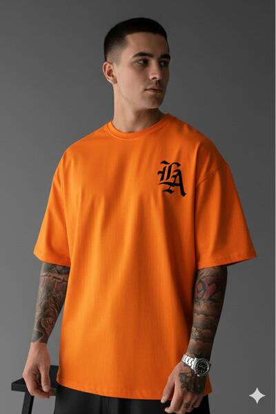 CAST COLLECTİON Men's Orange La Printed Oversize T-Shirt