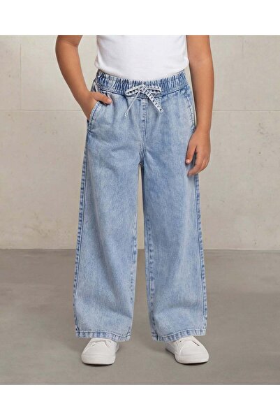 REDTAG بنطلون جينز واسع الساقين للبنات بلون فاتح وخصر مطاطي