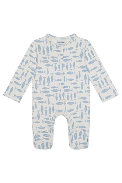 Antebies Bambu Sustainable Blue Fish Patterned Snap Fastener Long Sleeve Baby...