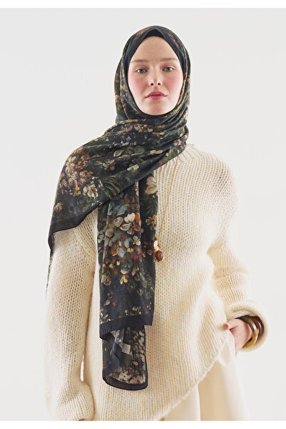 Fresh Dark Beauty Patterned Cotton Viscose Shawl Black