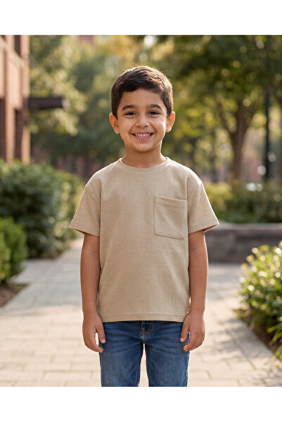 REDTAG Boys Brown Jacquard Round Neck T-Shirt with Pocket