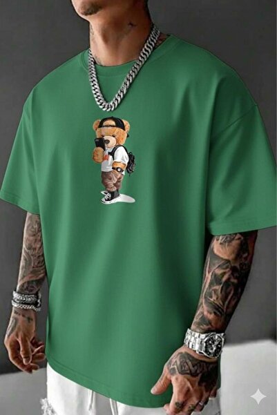 CAST COLLECTİON Men's Green Selfie Bear Printed Oversize T-Shirt