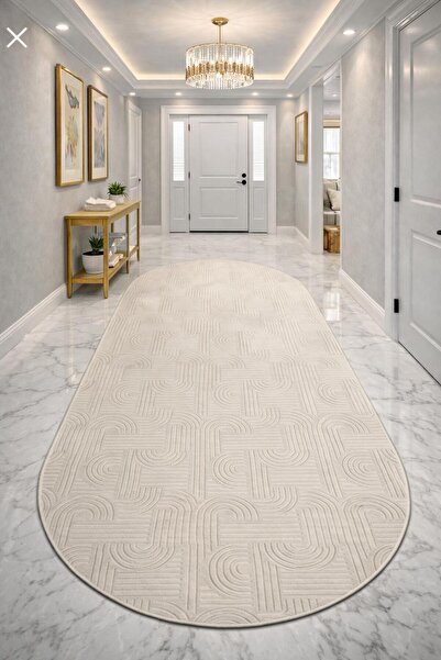 BESELY Krem Bohem Emboss Oymalı Desen Oval Elips Kaymaz Taban Yıkanabilir Hal...