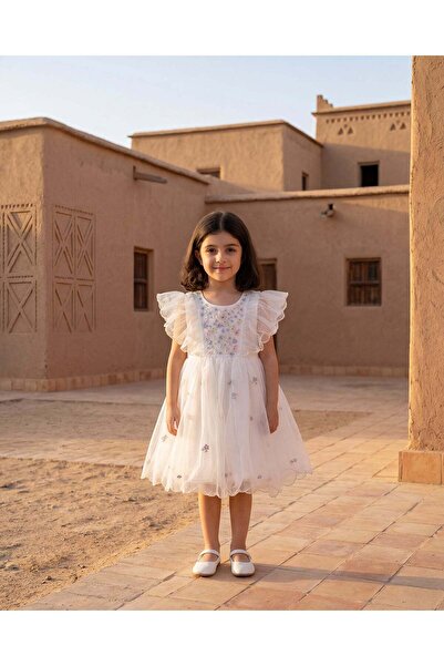 REDTAG فستان أبيض مطرّز للبنات بأكمام مكشكشة