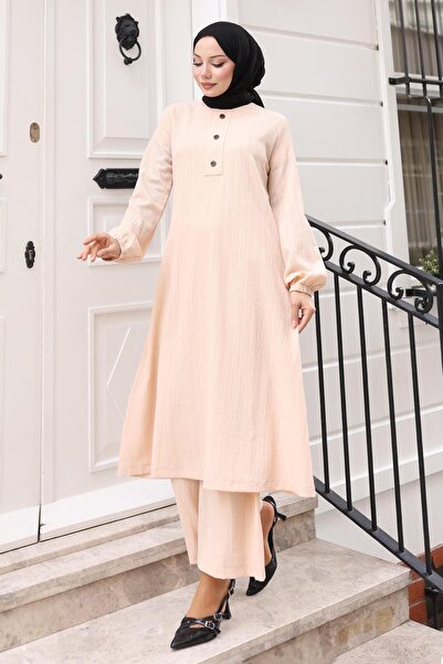 Modamihram Buttoned Hijab Suit Beige Msv10358