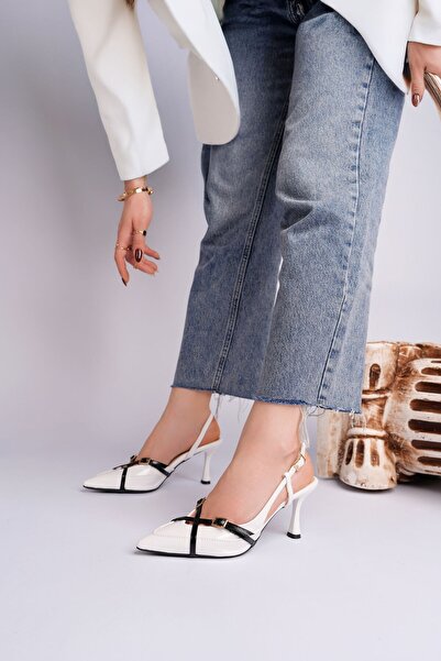 MUGGO İcons Pointed Toe Open Back Belt Detailed Two-Strap Women's Heeled Shoes