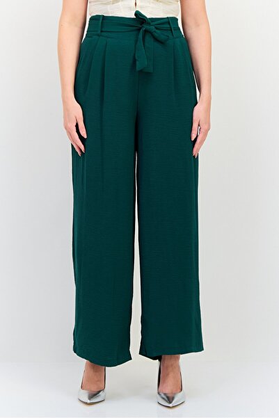 Ulyashova Women Regular Fit Plain Belted Wide Leg Pants, Green